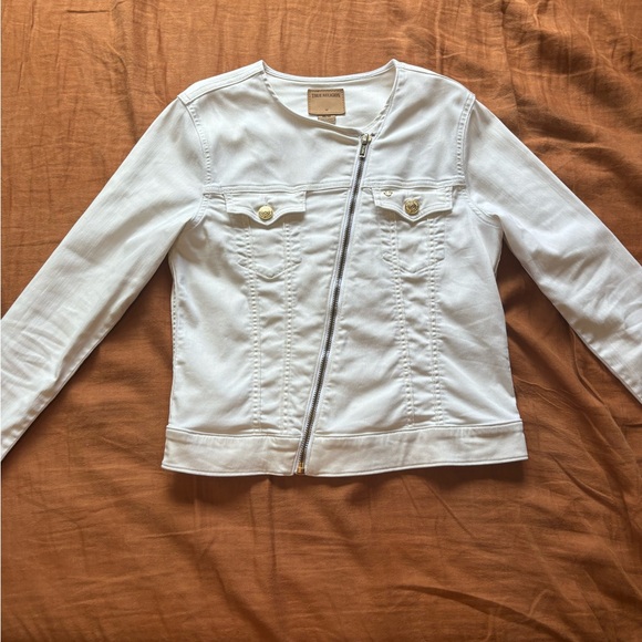 True Religion Dusty Bike White Jacket - Asymmetrical Zipper Denim Jacket - Med - Picture 1 of 15